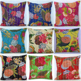 Set of 5 Cotton Cushion Covers, Jaipuri Kantha Work with Floral Design Cushion Cover - (Multi colour) 16x16 Inches